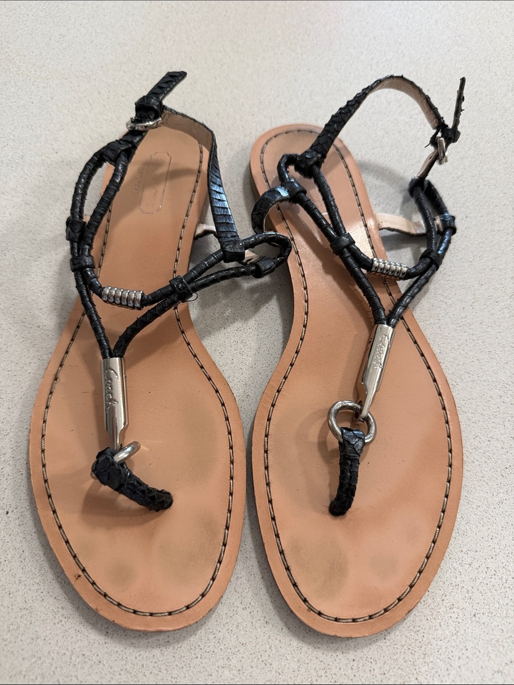 Coach Black Braided Leather Toe-Ring Sandals